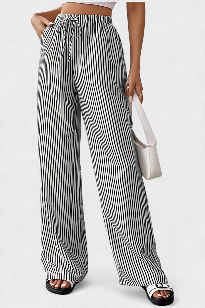 Pantalones Rectos Ligeros Sabrina con Cintura Ajustable y Diseño a Rayas