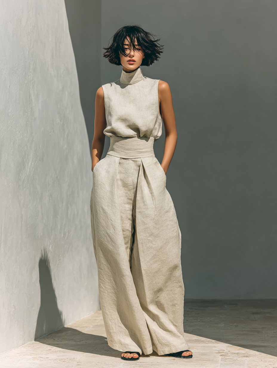 Conjunto minimalista para mujer de top sin mangas y pantalón ancho en algodón y lino - Raúl & Sara Madrid