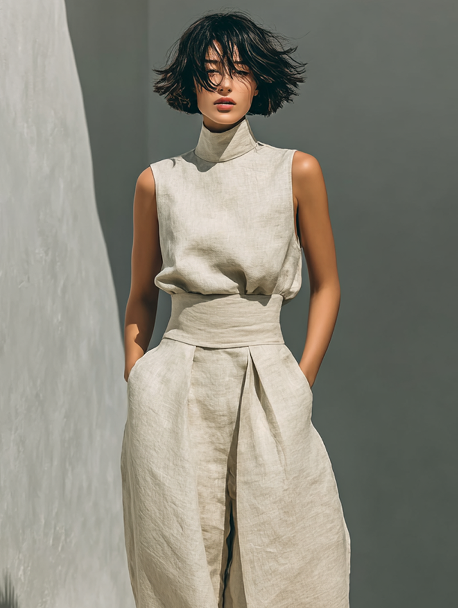 Conjunto minimalista para mujer de top sin mangas y pantalón ancho en algodón y lino - Raúl & Sara Madrid