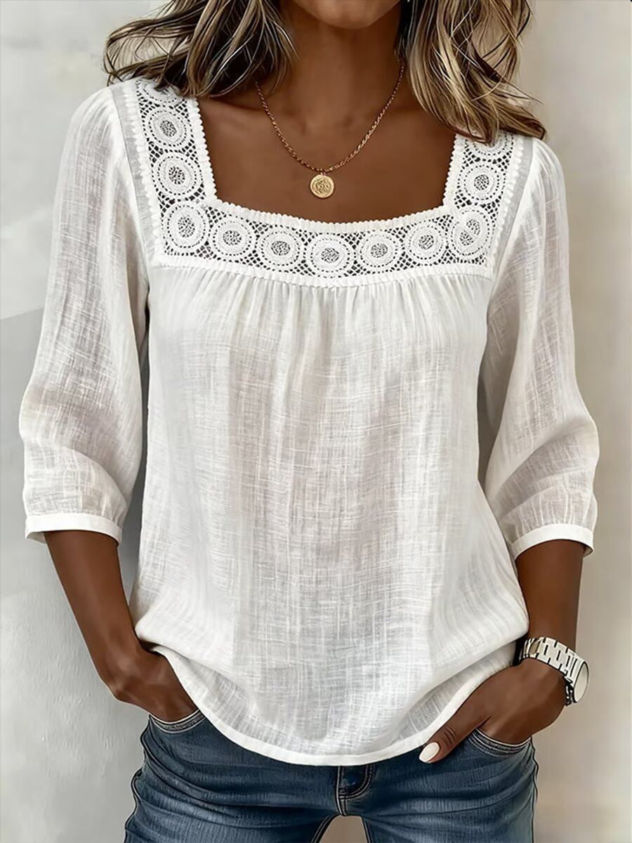 Blusa mujer de algodón y lino con encaje elegante