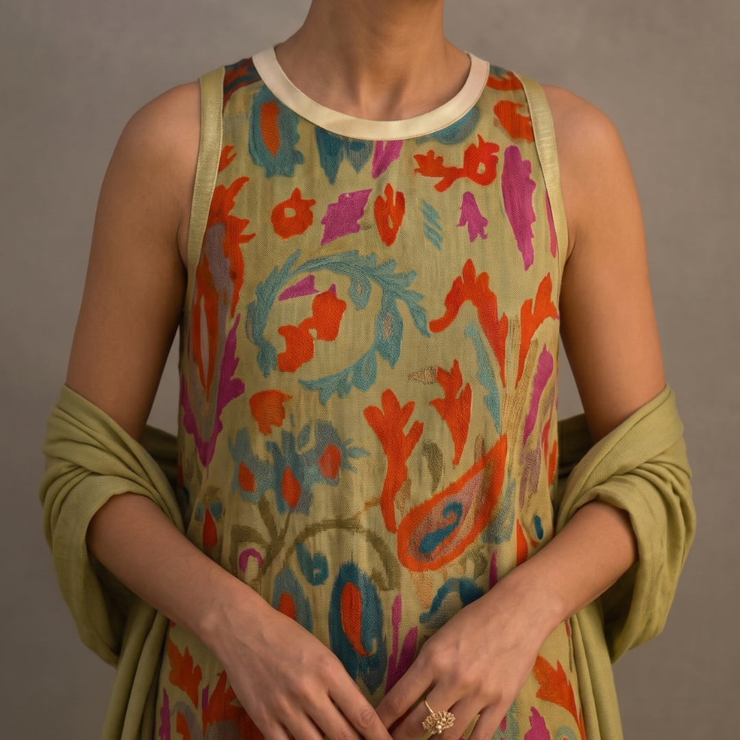 Conjunto de vestido largo femenino con chaleco abierto a juego