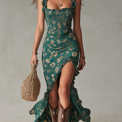 Vestido maxi boho retro con mangas fruncidas y abertura alta - Raúl & Sara Madrid