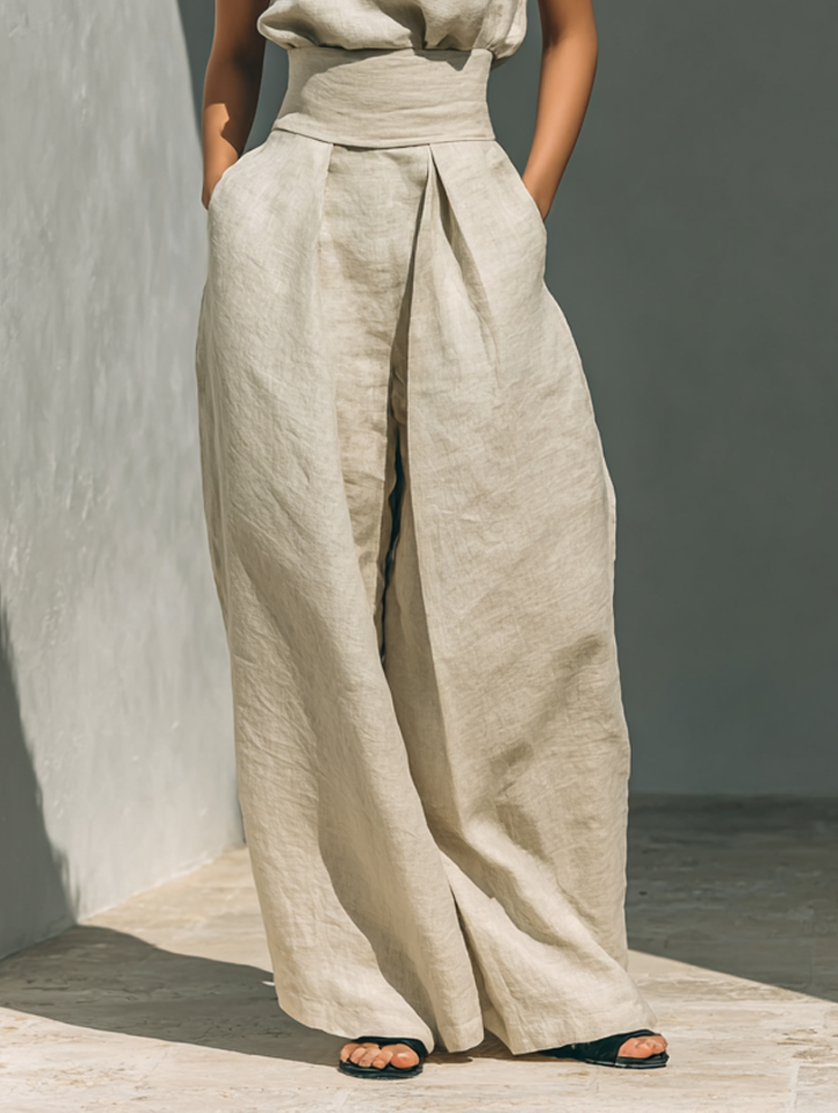 Conjunto minimalista para mujer de top sin mangas y pantalón ancho en algodón y lino - Raúl & Sara Madrid