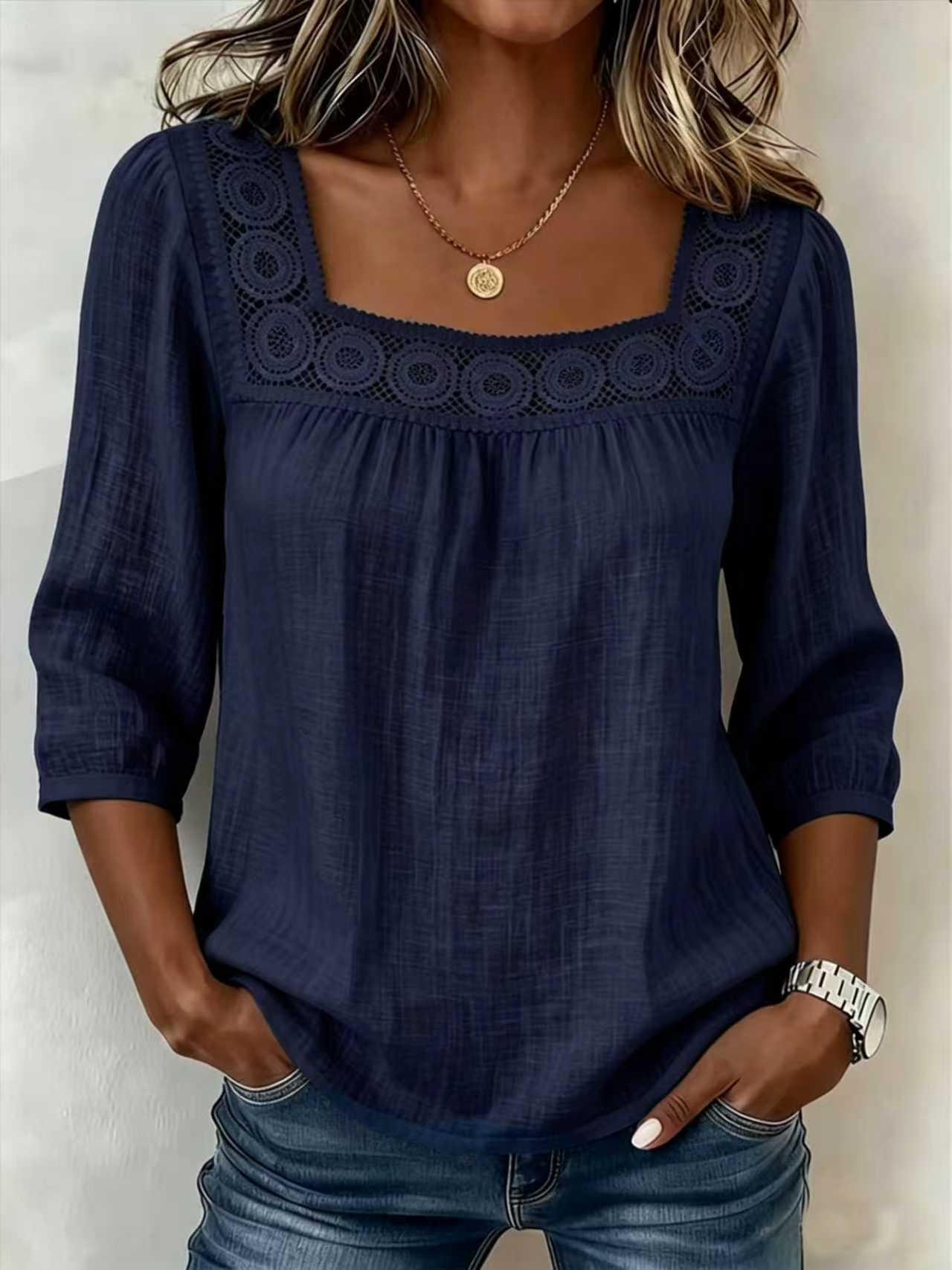 Blusa mujer de algodón y lino con encaje elegante