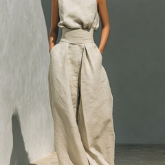 Conjunto minimalista para mujer de top sin mangas y pantalón ancho en algodón y lino - Raúl & Sara Madrid
