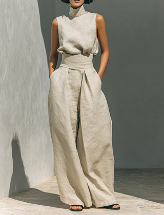 Conjunto minimalista para mujer de top sin mangas y pantalón ancho en algodón y lino - Raúl & Sara Madrid