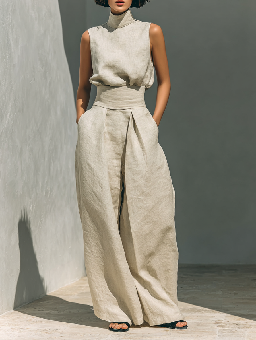 Conjunto minimalista para mujer de top sin mangas y pantalón ancho en algodón y lino - Raúl & Sara Madrid