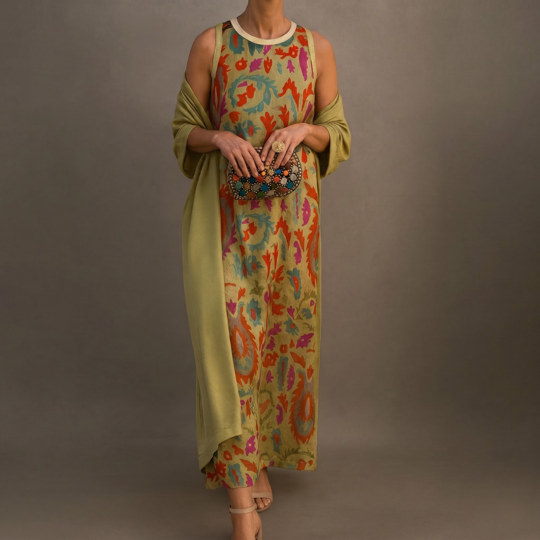 Conjunto de vestido largo femenino con chaleco abierto a juego