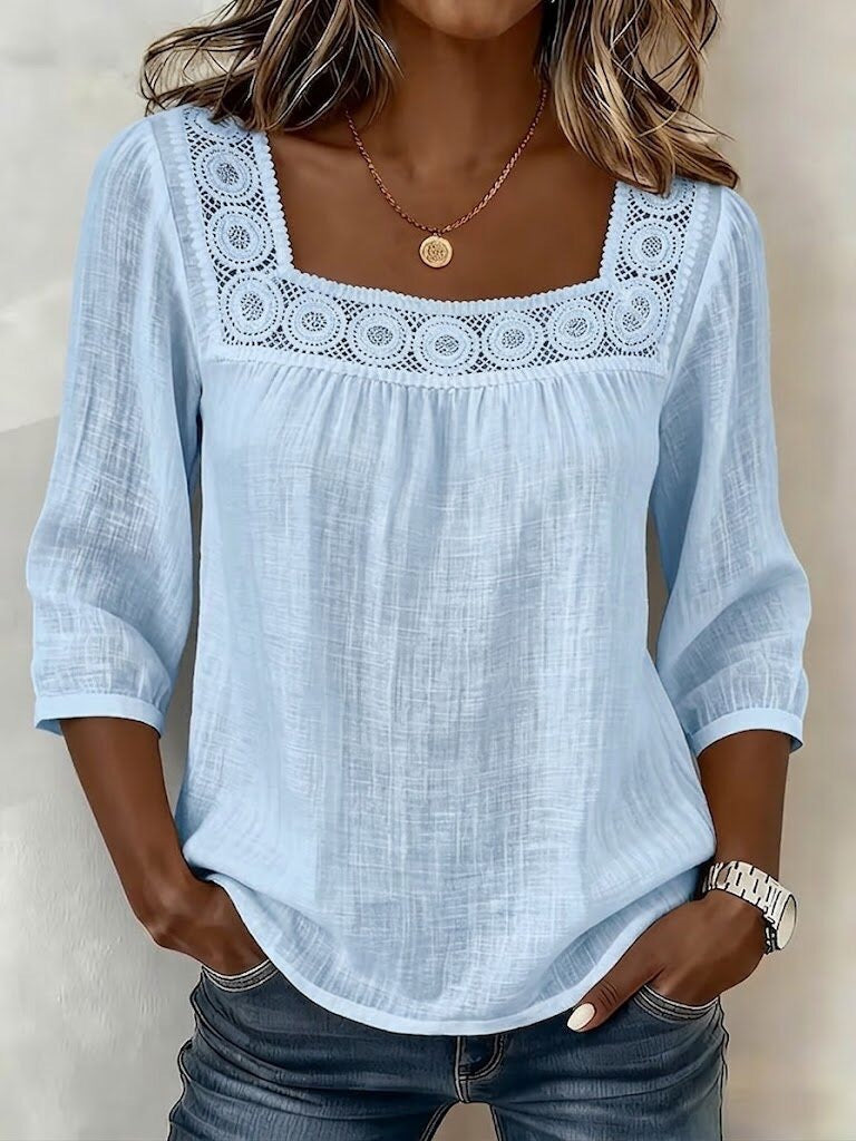 Blusa mujer de algodón y lino con encaje elegante