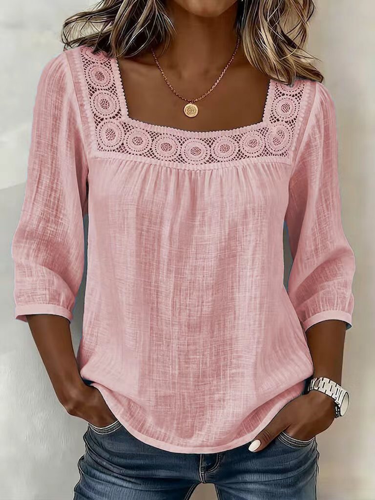 Blusa mujer de algodón y lino con encaje elegante