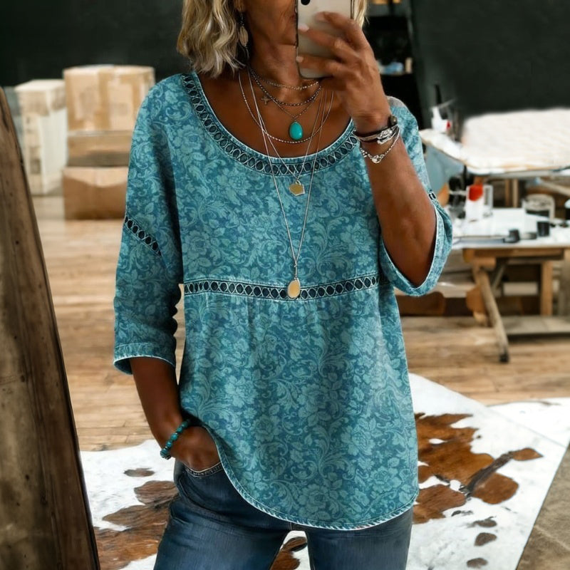Yolanda™ | Blusa Vintage Turquesa con Detalle Étnico en la Cintura" 

Rewritten: "Yolanda™ | Blusa Vintage Turquesa con Cintura Étnica