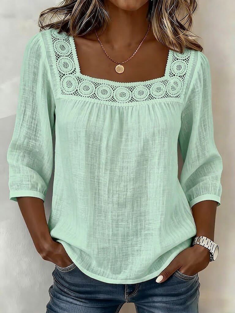 Blusa mujer de algodón y lino con encaje elegante