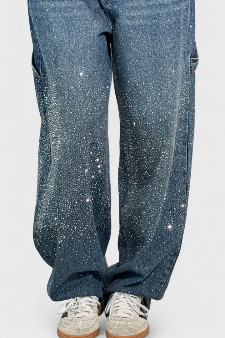 Dariya Brushed Cargo Balloon Jeans with Sparkle and Rhinestone Embellishments