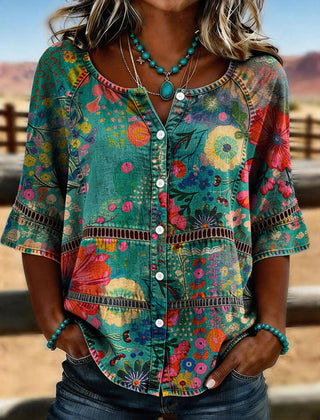 Milagros · Camisa Vintage de Manga Tres Cuartos con Estampado Floral Multicolor - Raúl & Sara Madrid