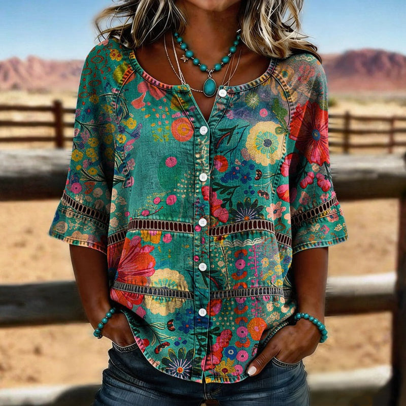 Milagros · Camisa Vintage de Manga Tres Cuartos con Estampado Floral Multicolor - Raúl & Sara Madrid