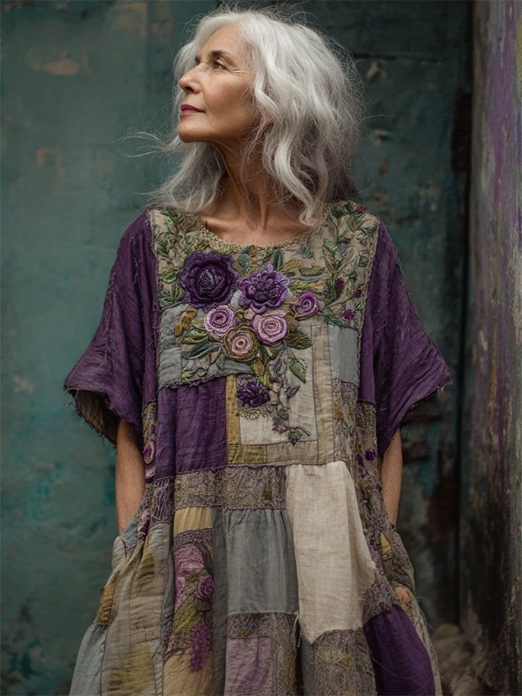Vestido Mujer Patchwork – Diseño Artístico con Corte Suelto y Detalles Florales