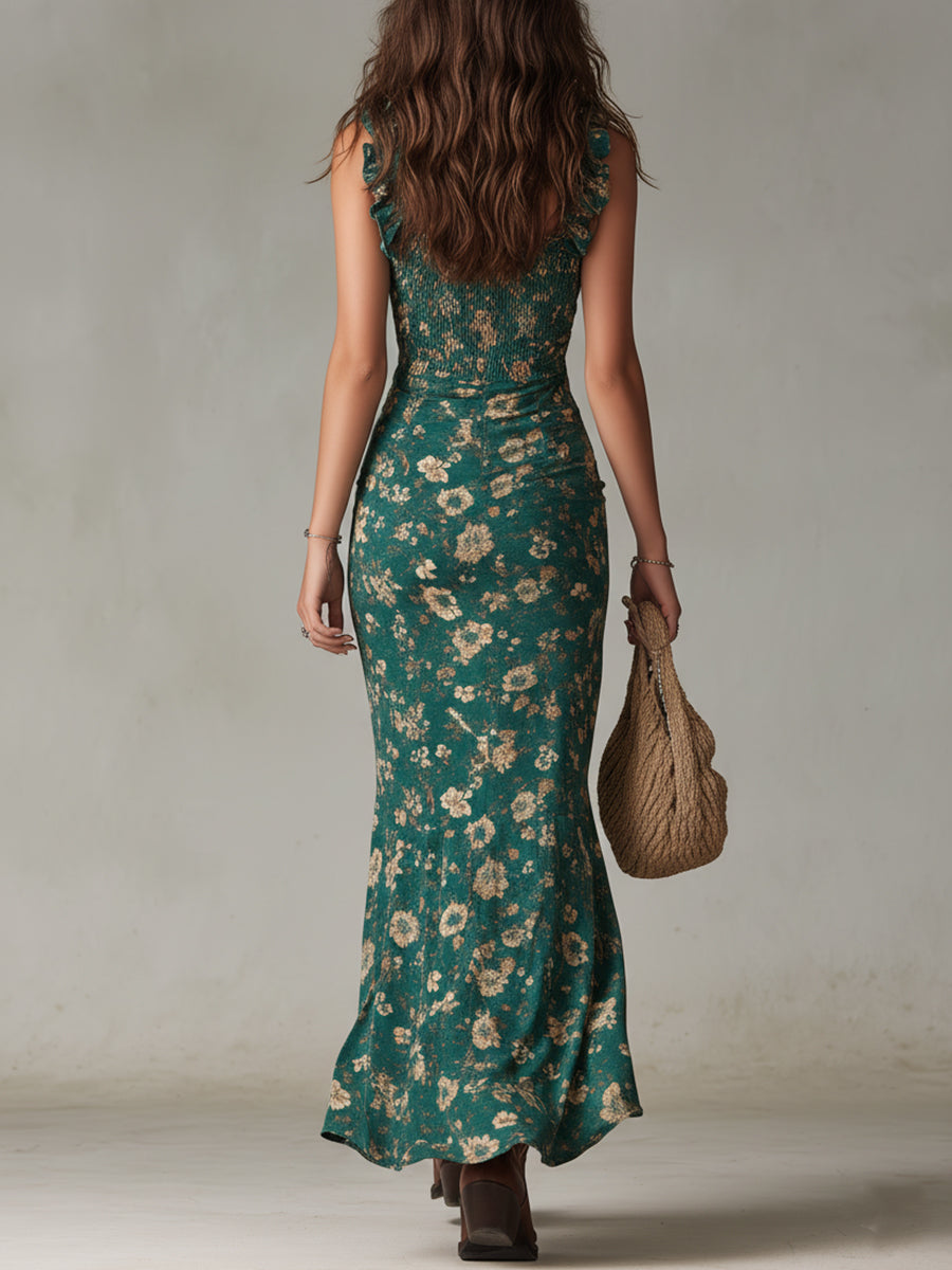 Vestido maxi boho retro con mangas fruncidas y abertura alta - Raúl & Sara Madrid