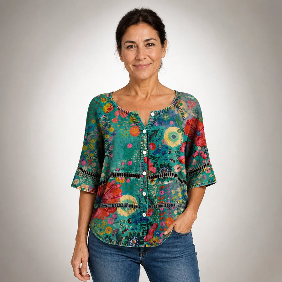 Milagros · Camisa Vintage de Manga Tres Cuartos con Estampado Floral Multicolor - Raúl & Sara Madrid