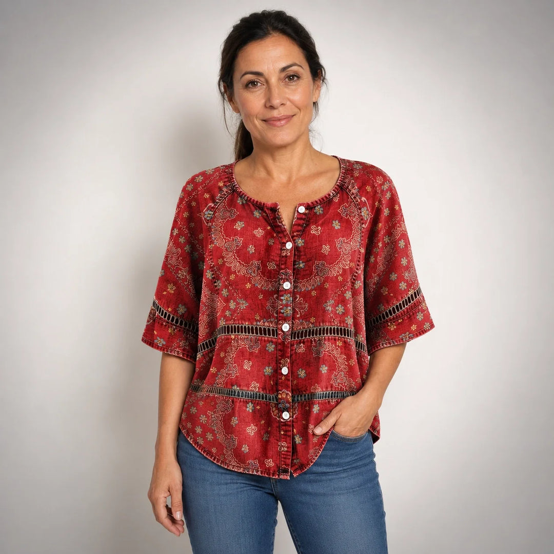 Guadalupe™ | Camisa Vintage de Manga Tres Cuartos con Estampado Étnico