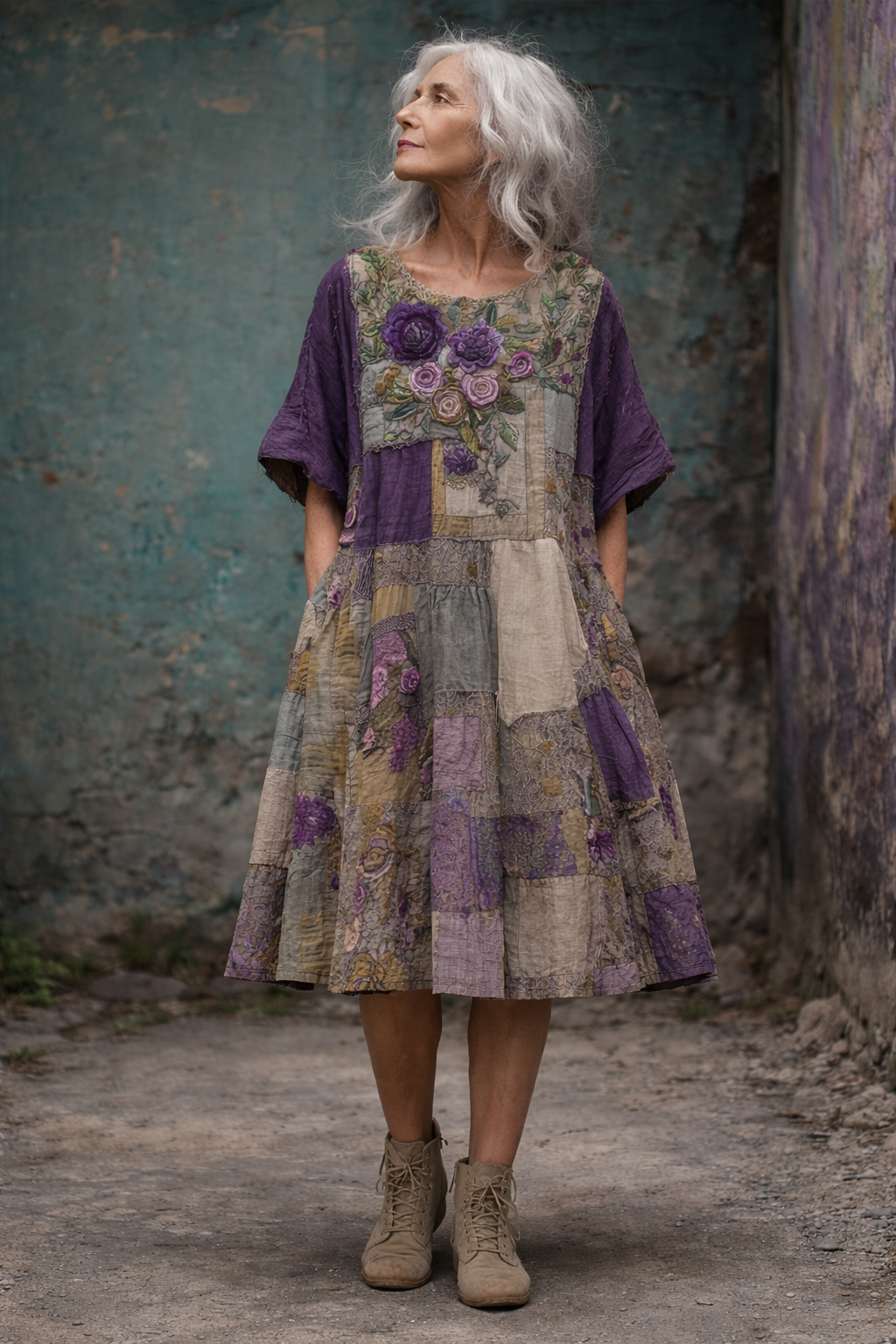 Vestido Mujer Patchwork – Diseño Artístico con Corte Suelto y Detalles Florales