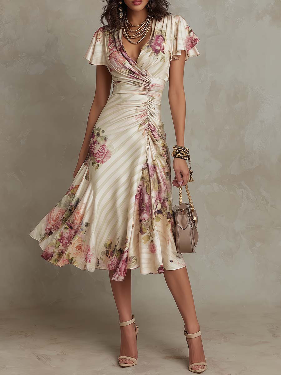 Vestido midi de satén floral elegante retro - Raúl & Sara Madrid