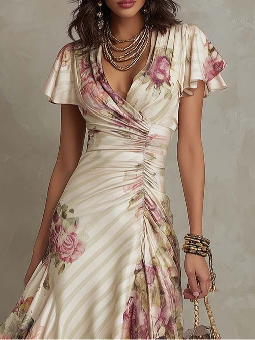 Vestido midi de satén floral elegante retro - Raúl & Sara Madrid