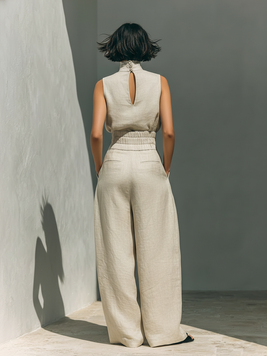 Conjunto minimalista para mujer de top sin mangas y pantalón ancho en algodón y lino - Raúl & Sara Madrid