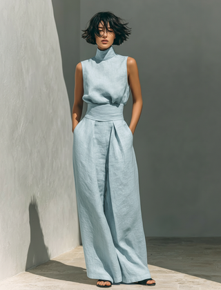 Conjunto minimalista para mujer de top sin mangas y pantalón ancho en algodón y lino - Raúl & Sara Madrid
