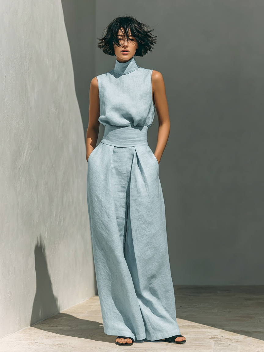Conjunto minimalista para mujer de top sin mangas y pantalón ancho en algodón y lino - Raúl & Sara Madrid