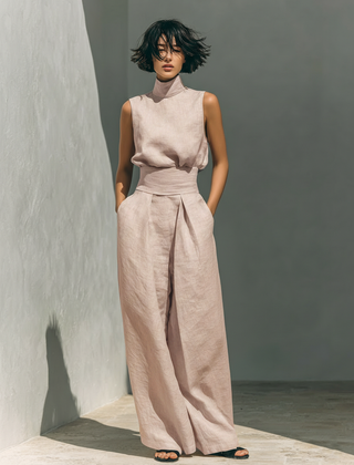 Conjunto minimalista para mujer de top sin mangas y pantalón ancho en algodón y lino - Raúl & Sara Madrid