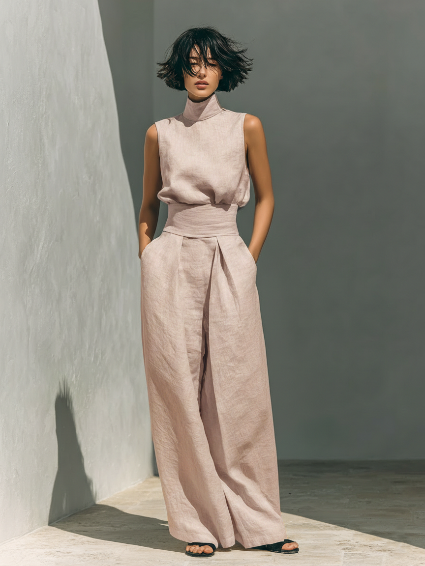 Conjunto minimalista para mujer de top sin mangas y pantalón ancho en algodón y lino - Raúl & Sara Madrid