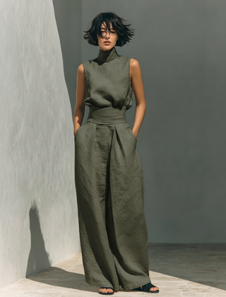 Conjunto minimalista para mujer de top sin mangas y pantalón ancho en algodón y lino - Raúl & Sara Madrid