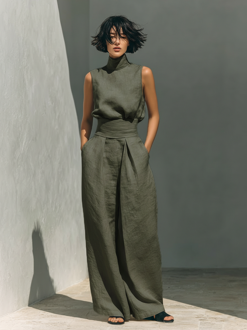 Conjunto minimalista para mujer de top sin mangas y pantalón ancho en algodón y lino - Raúl & Sara Madrid
