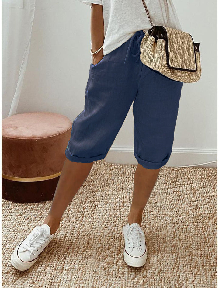 Pantalón capri informal de algodón y lino para mujer