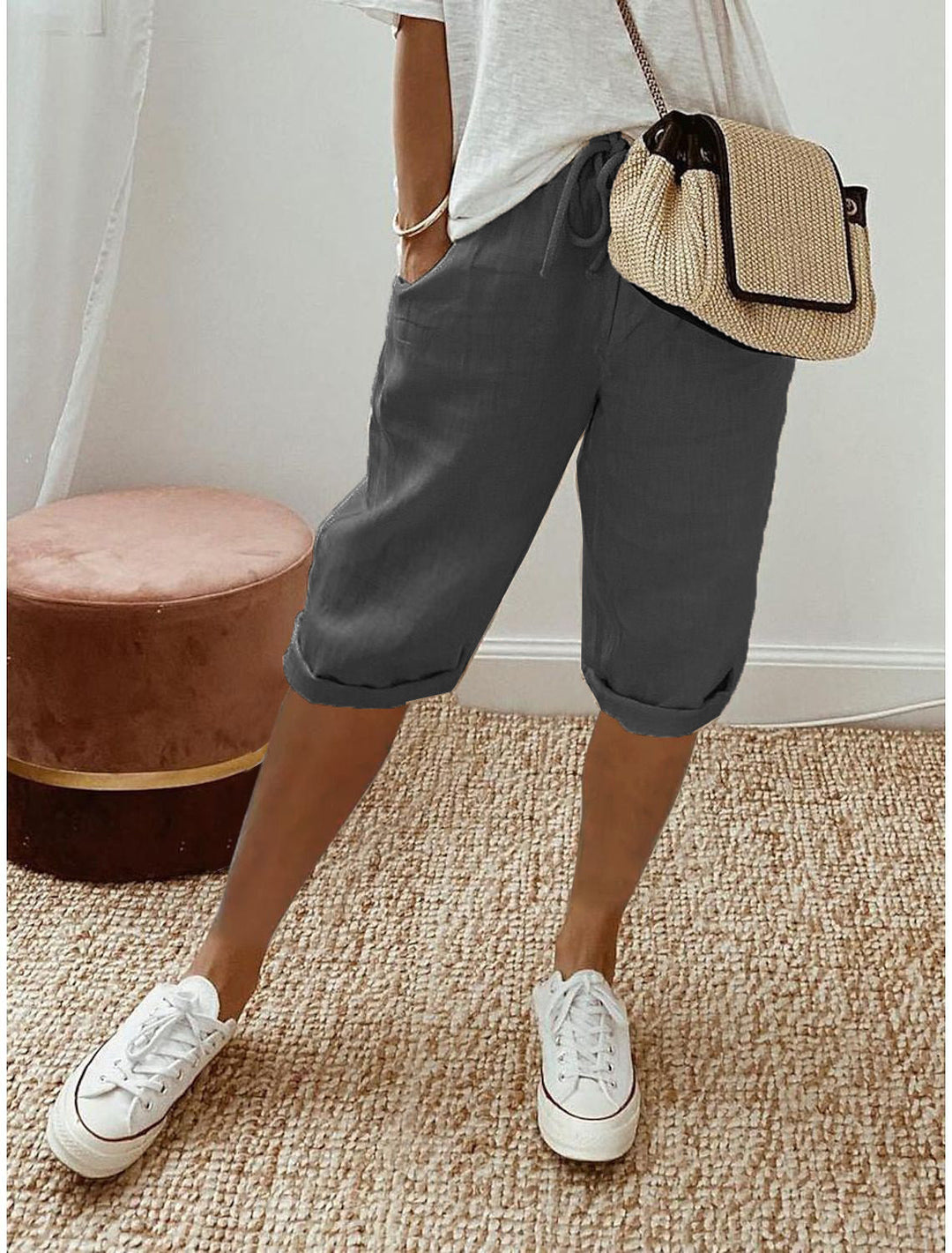 Pantalón capri informal de algodón y lino para mujer
