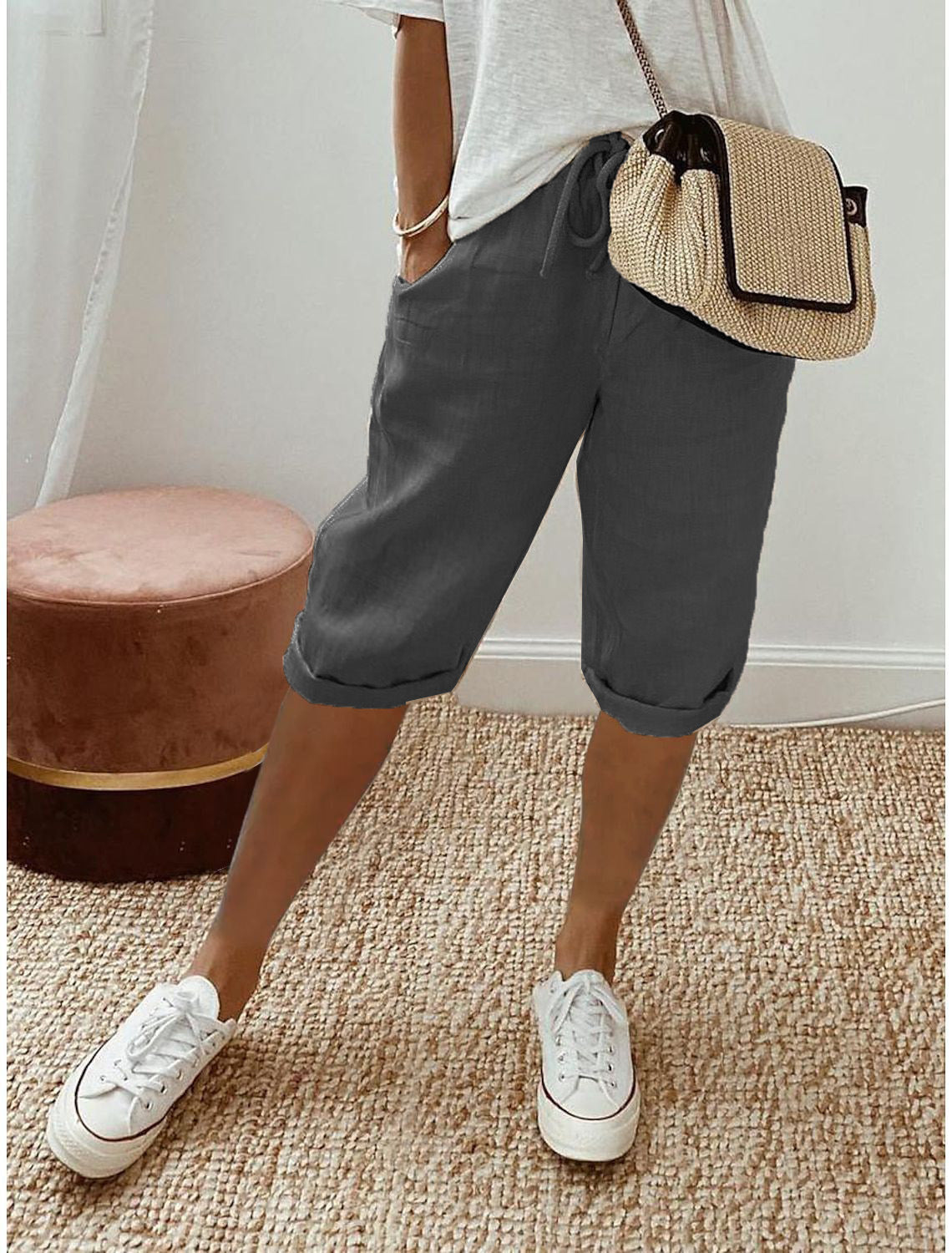 Pantalón capri informal de algodón y lino para mujer - Raúl & Sara Madrid