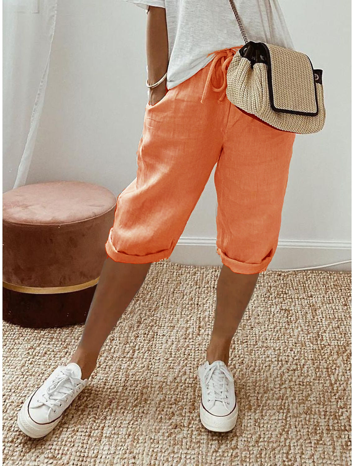 Pantalón capri informal de algodón y lino para mujer - Raúl & Sara Madrid