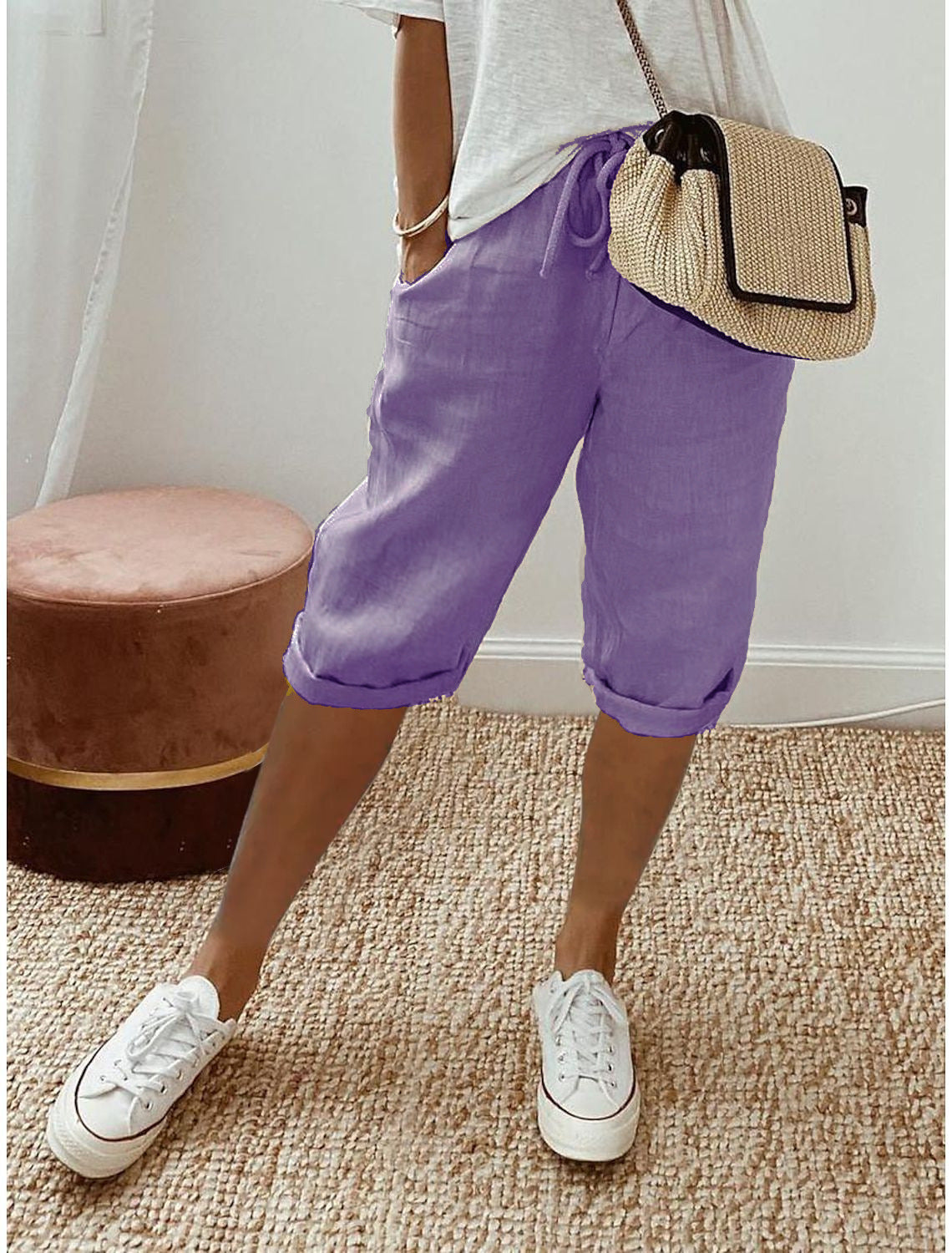 Pantalón capri informal de algodón y lino para mujer - Raúl & Sara Madrid