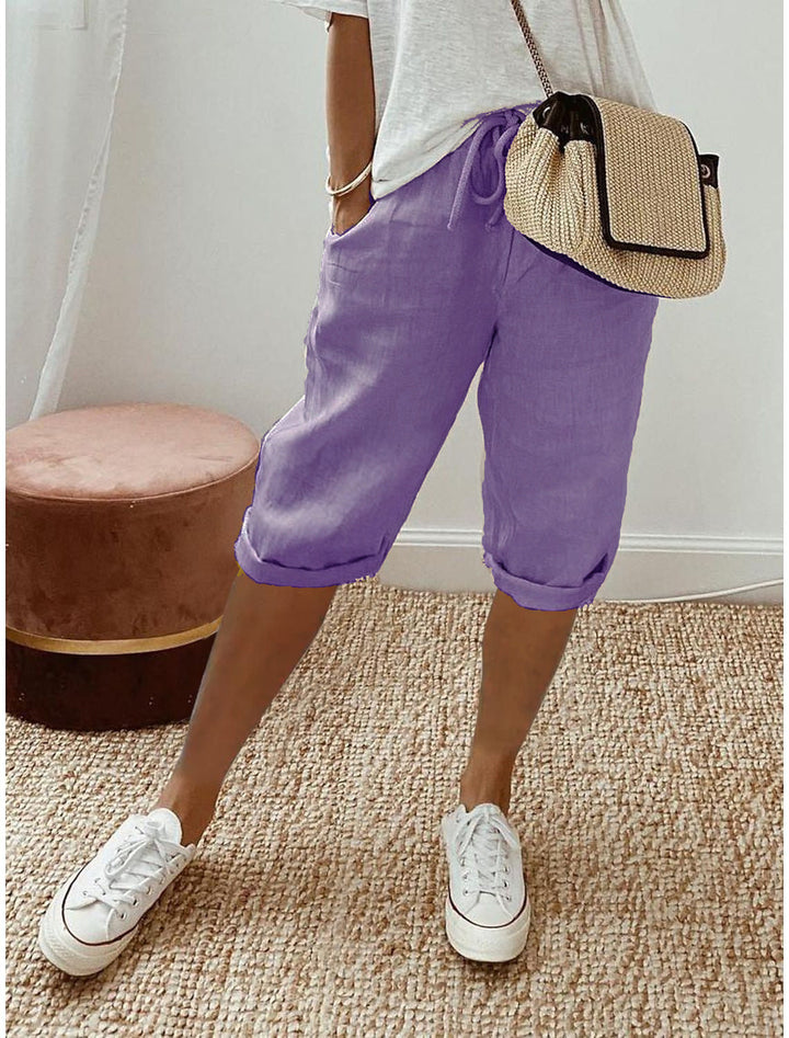 Pantalón capri informal de algodón y lino para mujer