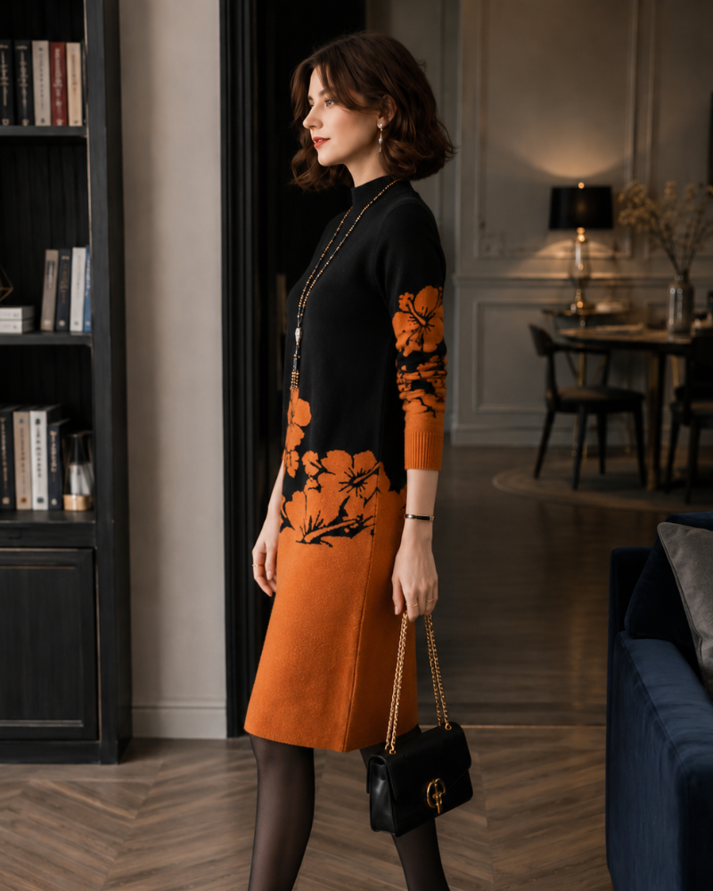 Lenora Robe Pull Midi Femme – Maille Florale à Col Montant et Manches Longues