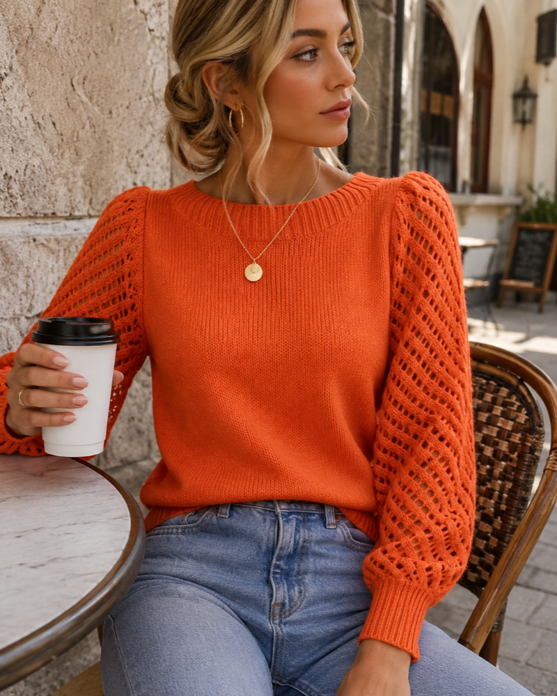 Kenna Pull en Maille Femme – Dentelle Délicate, Épaules Dénudées & Maille Ajourée