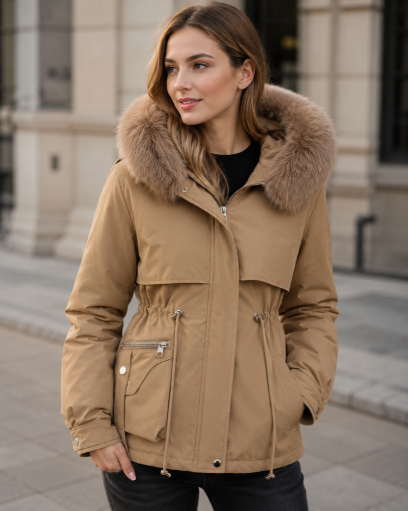 Marianna Parka à Capuche Femme – Doublure Chaude, Col Effet Fourrure et Taille Ajustable