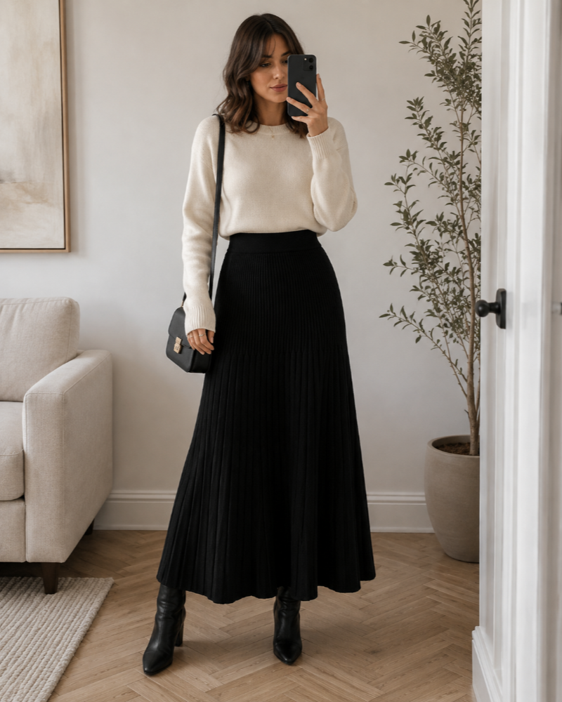Merritt Jupe Longue Femme – Maille Plissée, Taille Haute Élastique & Coupe Évasée