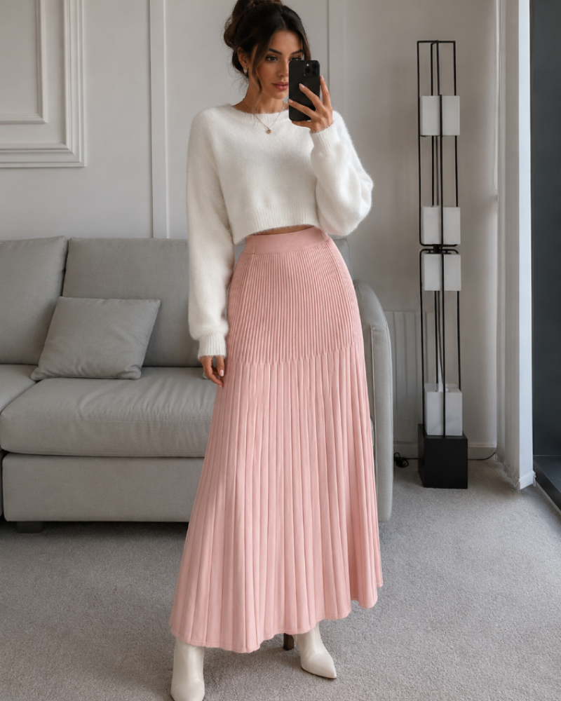 Merritt Jupe Longue Femme – Maille Plissée, Taille Haute Élastique & Coupe Évasée