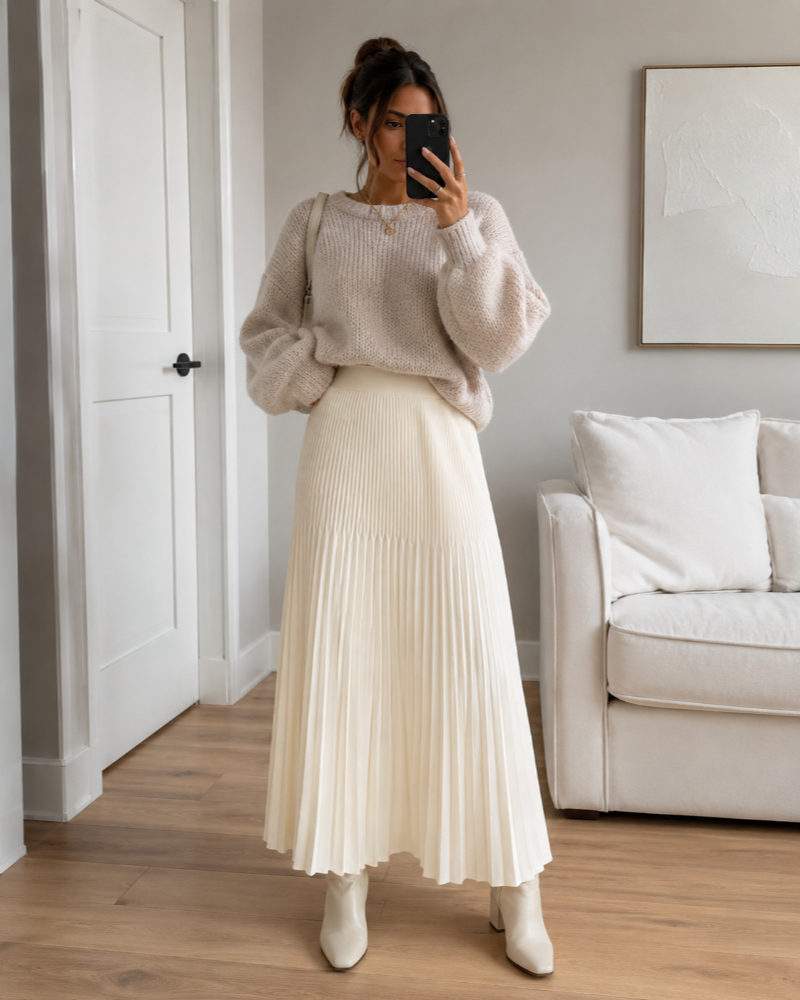 Merritt Jupe Longue Femme – Maille Plissée, Taille Haute Élastique & Coupe Évasée
