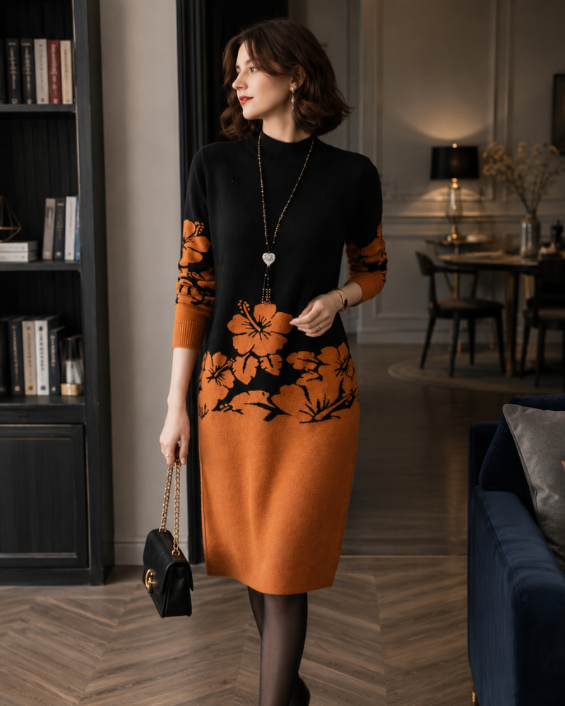 Lenora Robe Pull Midi Femme – Maille Florale à Col Montant et Manches Longues