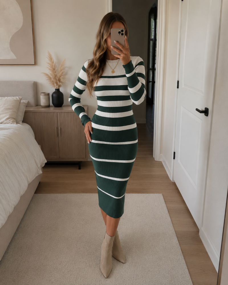 Nadine Robe Pull Midi Femme – Maille Rayée Ajustée à Manches Longues