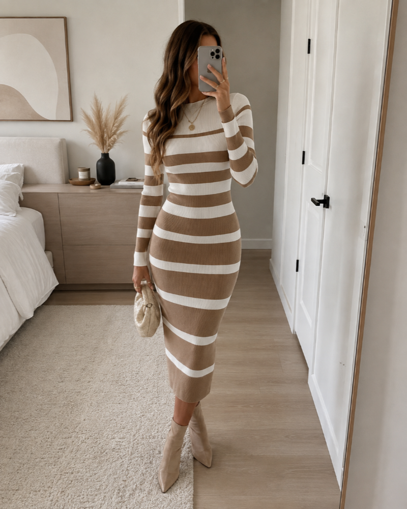 Nadine Robe Pull Midi Femme – Maille Rayée Ajustée à Manches Longues