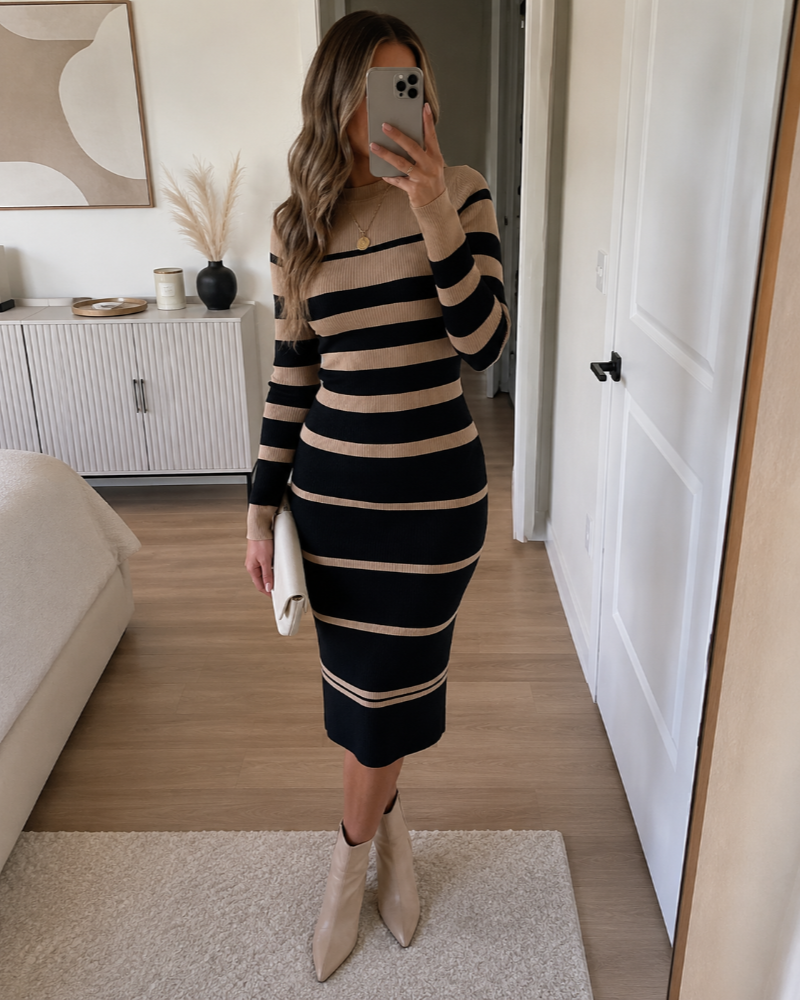 Nadine Robe Pull Midi Femme – Maille Rayée Ajustée à Manches Longues