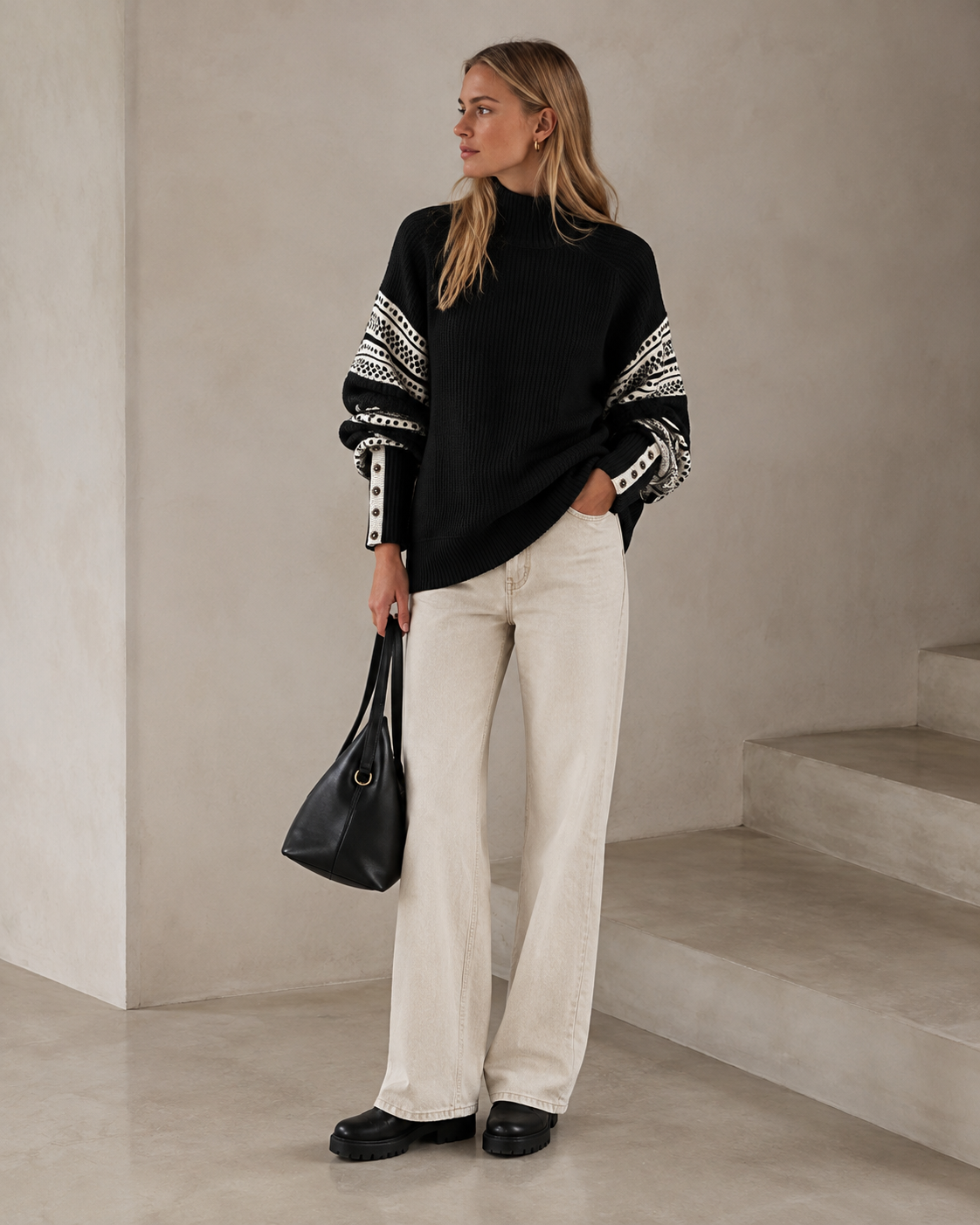 Ainsley Pull Oversize Femme – Maille Douce, Col Montant & Manches Motif Rétro